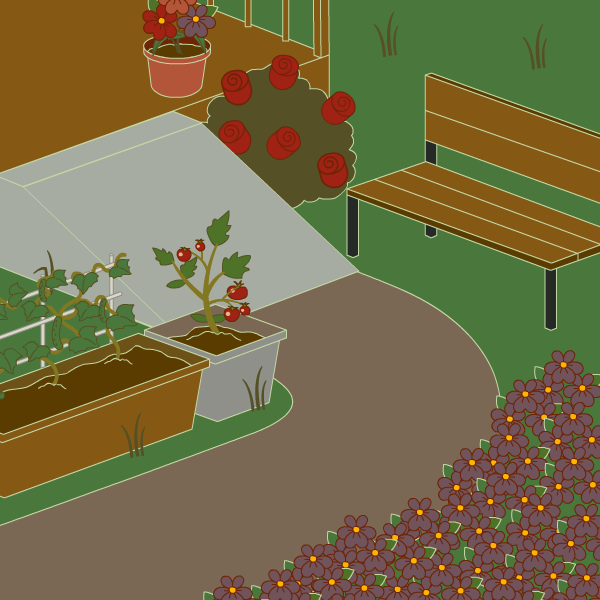 illustration of a garden with a bench, ramp to a path lined with planters 和 flowers